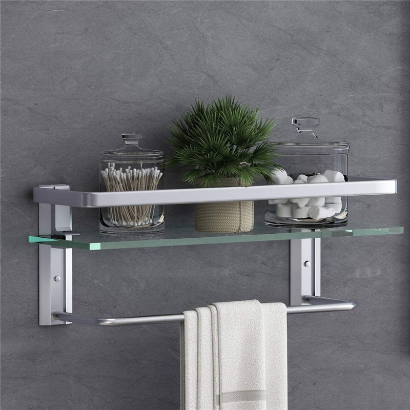VOLPONE Glass Shelf with Towel Bar 15.7in Silver Bathroom Shelf Wall Mount Rustproof Bathroom Wall Organizer 1 Tier (Silver) - Image 1